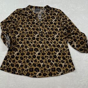Womens Leopard Print Roll Tab Sleeve Blouse M Brown Tan Black Mob Wife Aesthetic